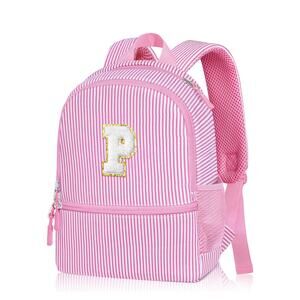 Pink Seersucker Kids Backpack with Initial Letter | Toddler Preschool Girl Bag